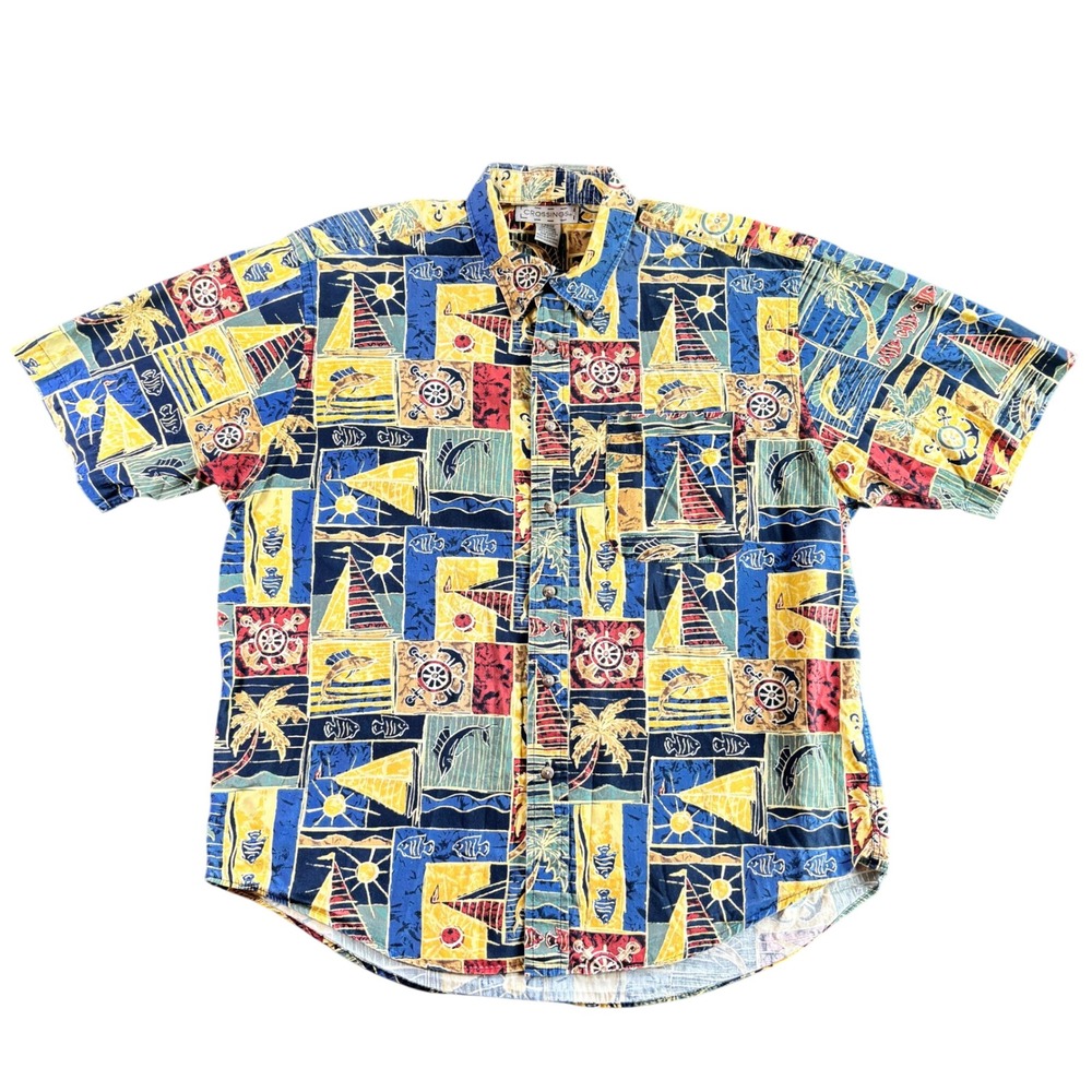 Crossings Mens Large Nautical Sailboat Palm Tree Cotton Button Down Shirt Blue